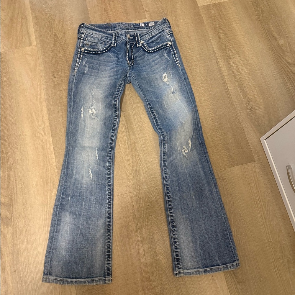 Miss Me Blue Boot Cut Jeans with Vintage Distressing
